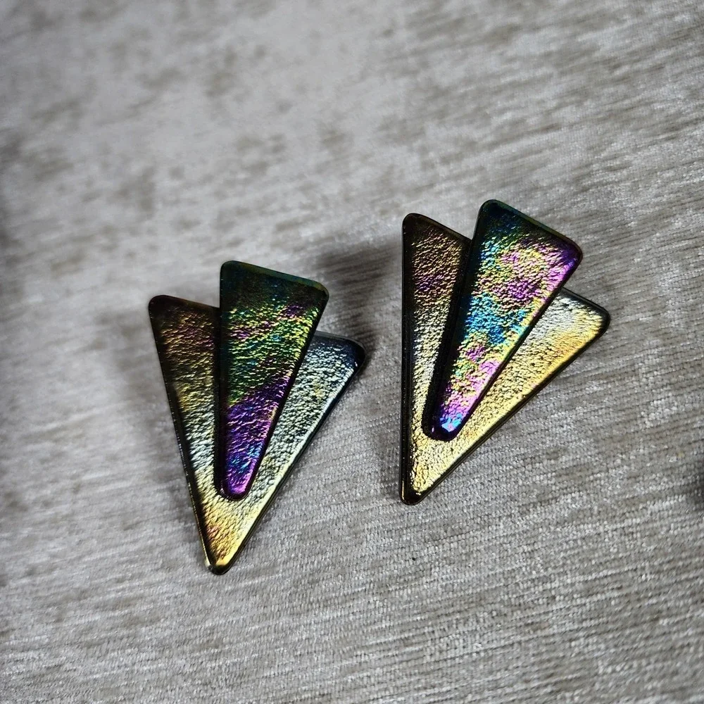Vintage Dichroic Glass Shell Clip On Earring Lot of 3